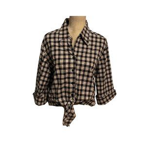 Vintage Cactus Flower Crop Top Large Black White Plaid Western Cowgirl Knot Tie